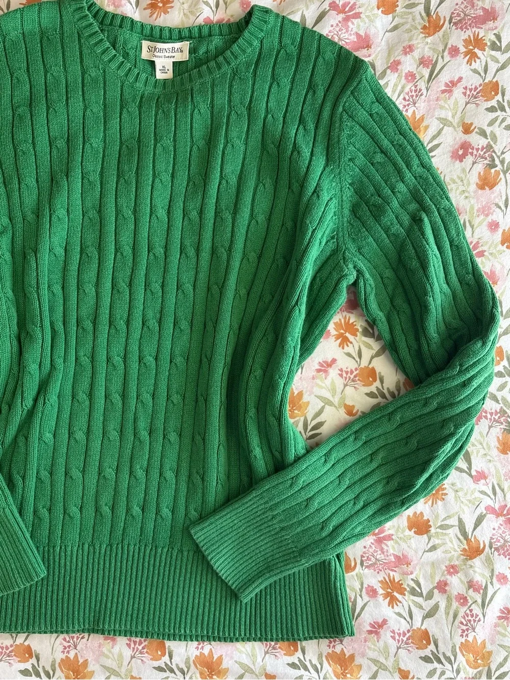 St. John’s Bay Green Long Sleeve Cable Knit Sweater Size XL Fall Winter Layering